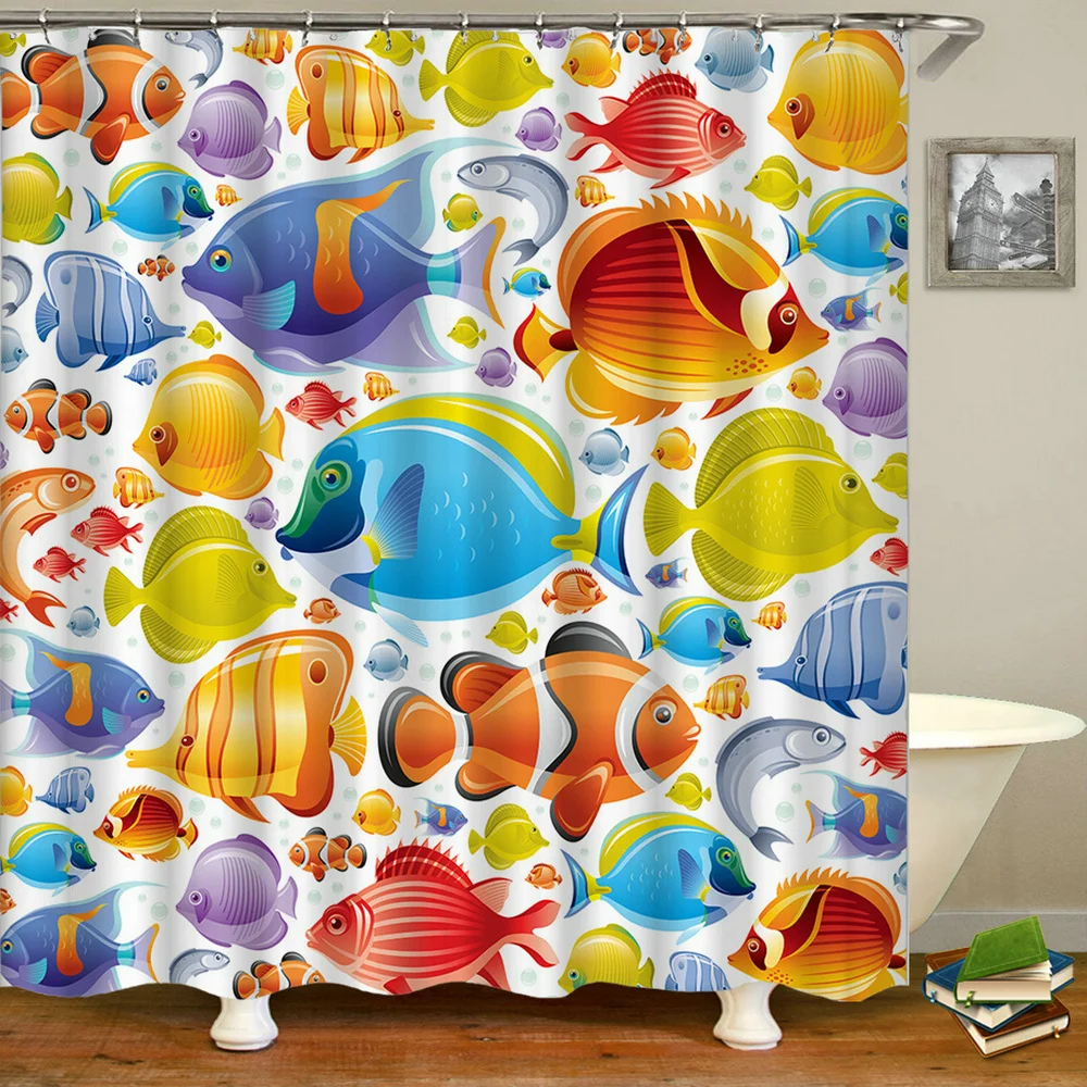 

Занавески для душа, водостойкие, с 3d-изображениями рыбок, 12 крючков, моющиеся
