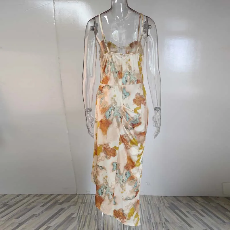 

2021 Summer Spaghetti Strap Ruched Dress Women Party Floral Print Dress Women Backless Long Robes Femme Plus Size Vestido