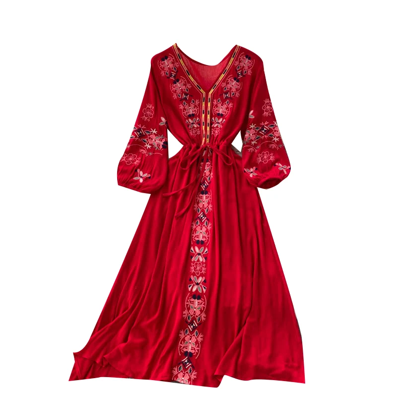 

2021 New Spring Autumn Women V-Neck Three Quarter Sleeve Loose Long Dress High Quality Ethnic Style Embroidery Vintage Dress
