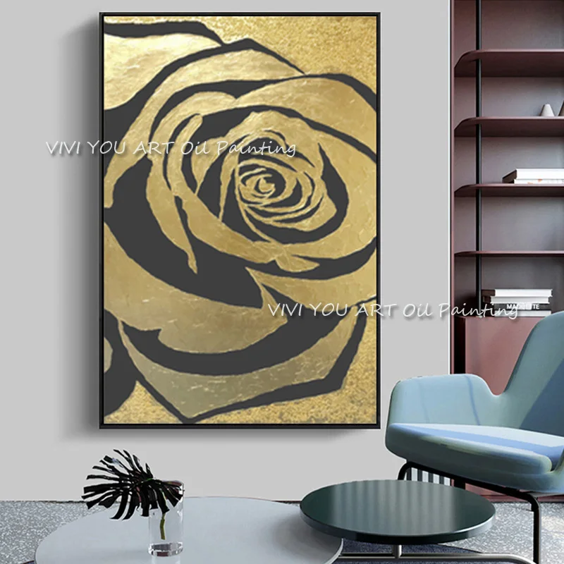 

100% Handmade Golden Rose Abstract Oil Painting Wall Art Home Decor Picture Modern Handpainted Oil Painting On Canvas Unframe