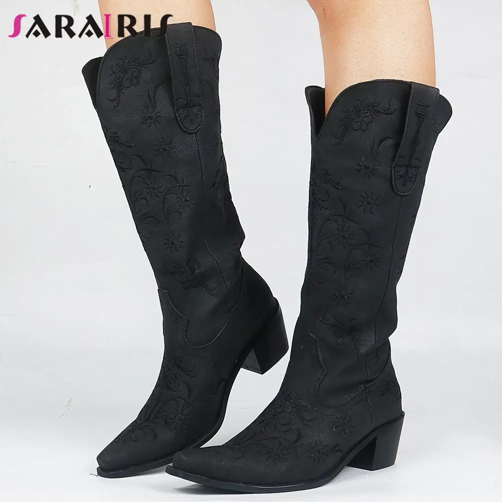 

SaraIris Big Size 43 Women Cowboy Cowgirl Boots Solid Chunky Heel Platform Mid Calf women's Boots Casual Leisure Rome Shoes