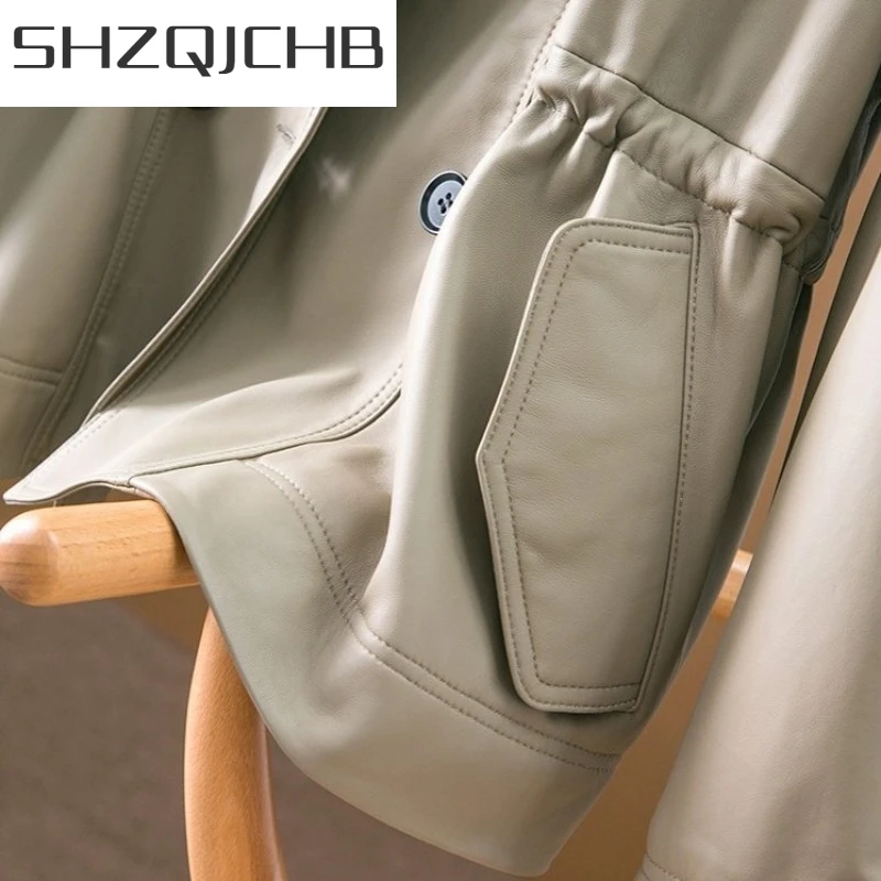 

JCHB 2021 British Classic Double Breasted Trench Women 100% Genuine Leather Jacket Autumn Outerwear Street Windbreakers Sheepski