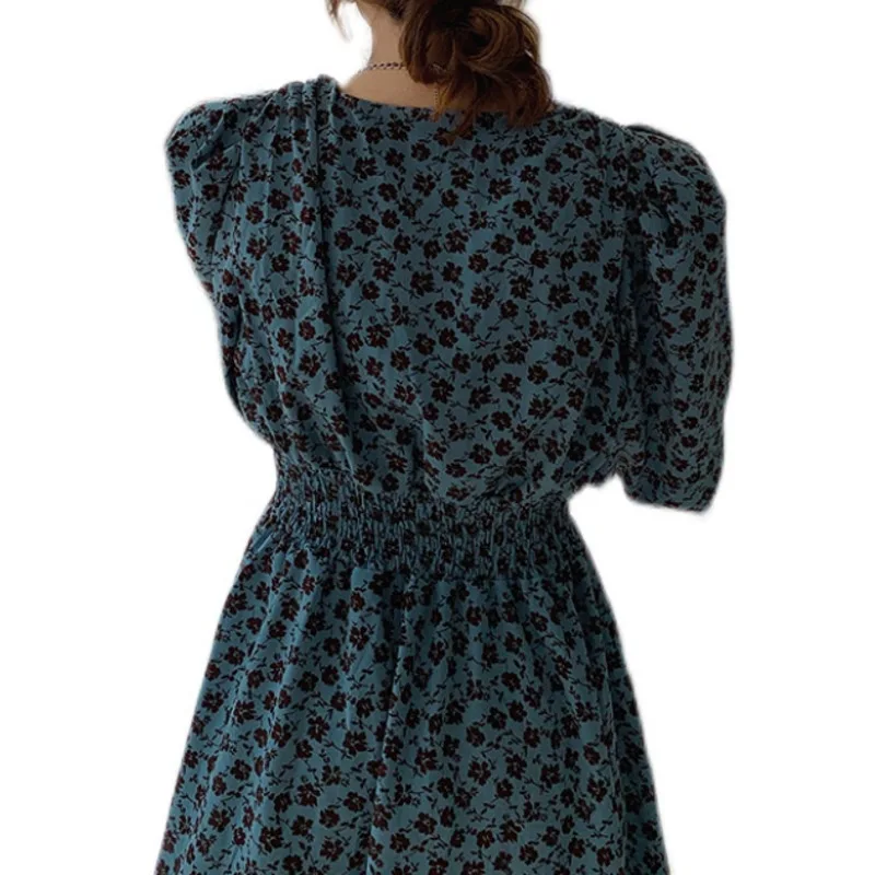 

Vintage Chic Deep V Neck Printed Mini Dress Sexy Fashion Puff Long Sleeve Slim Waist Party Dress Korean Vestidos 2021spring