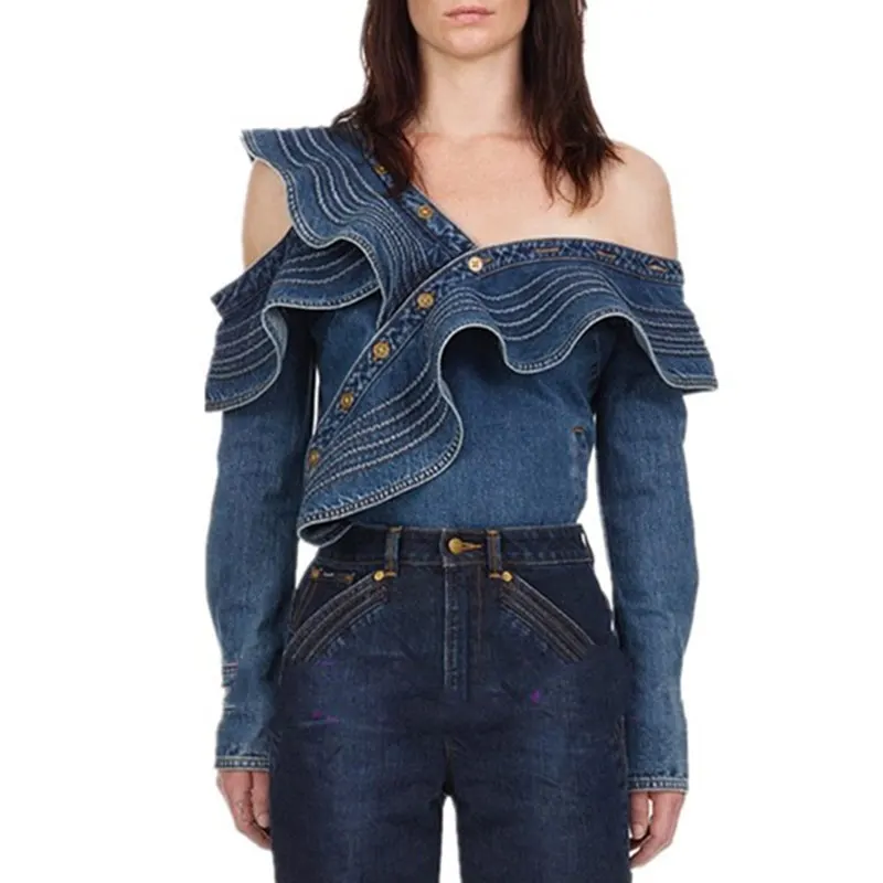 Стильная джинсовая рубашка для женщин 2020 осень косой воротник с оборками женская