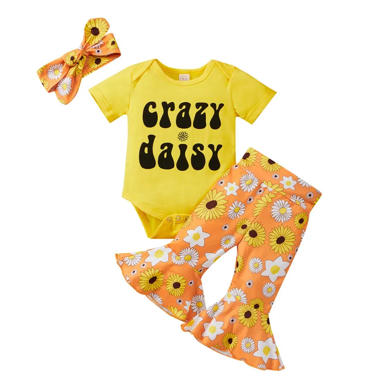 

Toddler Girls Clothes Letter Print Romper Floral Pants Bow-knot Headband Baby's Sets