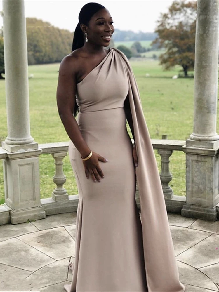 

One Shoulder Mother of the Bride Dress with Cape Long Mermaid Floor Length Wedding Party Evening Prom Gowns Classic Design