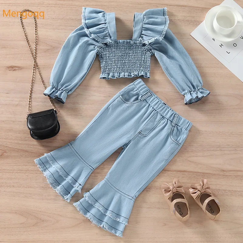 

Fashion Girls Full Sleeve Ruched Solid Top Denim Shirts+flare Trousers Children Princess Set Kids Baby Clothes 2pcs 1-6Y