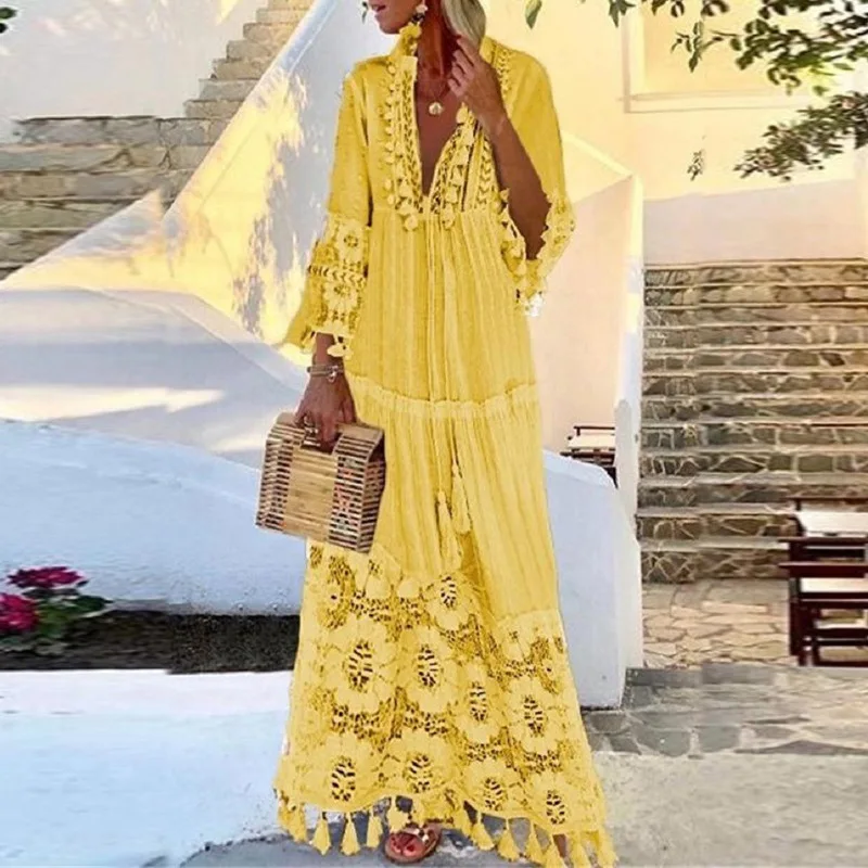 

WEPBEL Dress Spring Summer Bohemian Lace Tassel Stitching Beach Dress Women's Casual V-neck Long Sleeve Holiday Dress