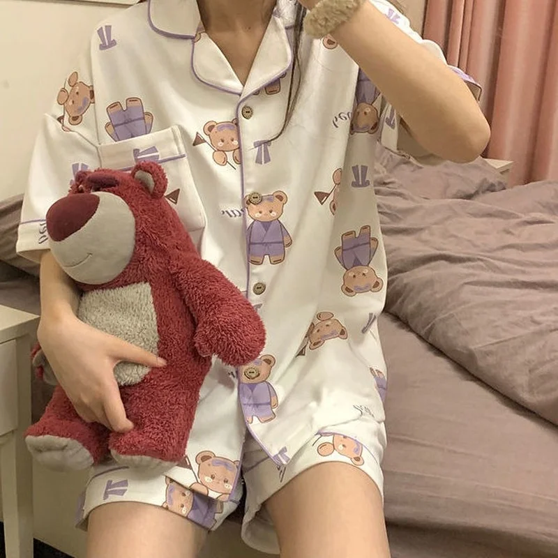 

QWEEK кавайная комнатная одежда, женские пижамы, летние пижамы, женские костюмы с шортами, милая одежда с принтом медведя, пеньюар для женщин