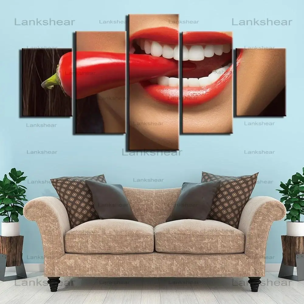 

2021 NEW Painting On Canvas Wall Art Hd Prints 5 Pcs Mouth Bit of Chili Sauce Posters Wall Pictures for Living Room Artwork