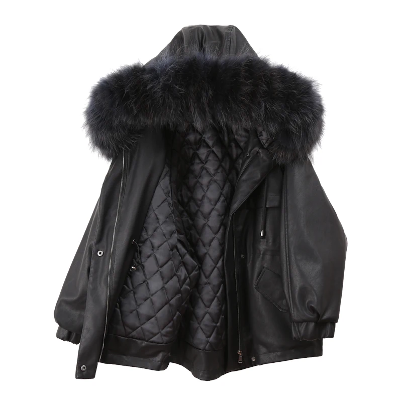 Hooded Genuine Fur Collar Thick Leather Coat Women's Winter New Korean Style Loose PU Leather Jacket