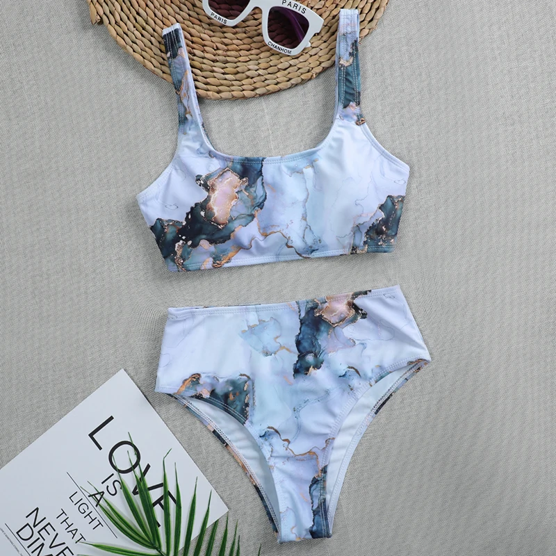 

Sexy Marble Printed Female Swimwear Ruffled Push Up Bandage Beachwear Bathing Suits 2 Piece Split Bikini Set 2020 New Biquini