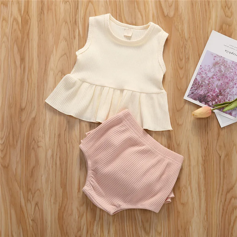 

2020 Baby Summer Clothing 1-5T Infant Kids Baby Girl Ribbed Clothes Set Solid Vest Tops Mini Dress Ruffled Shorts 2Pcs Outfits