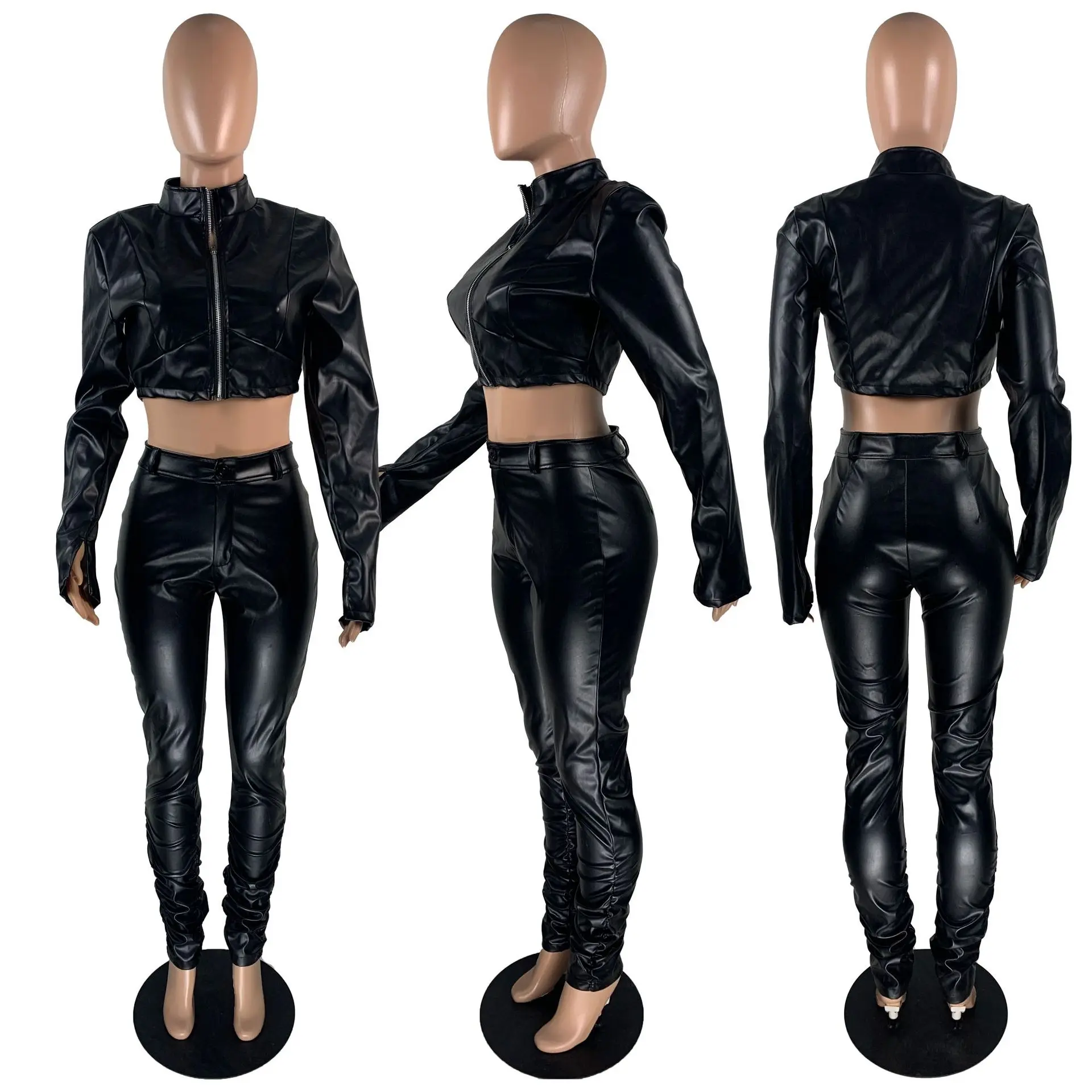 

Echoine New PU Leather Short Jacket and Ruched Pleated stacked pants Two Piece Set Club Outfits Skinny Bodycon Tracksuit