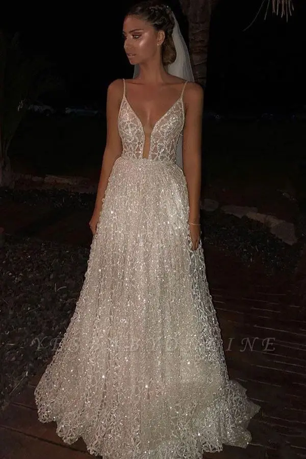 

A-Line Wedding Dresses Spaghetti-Straps V Neck Long Lace Bridal Gowns Vestido De Novia Sirena Mariage Dresses