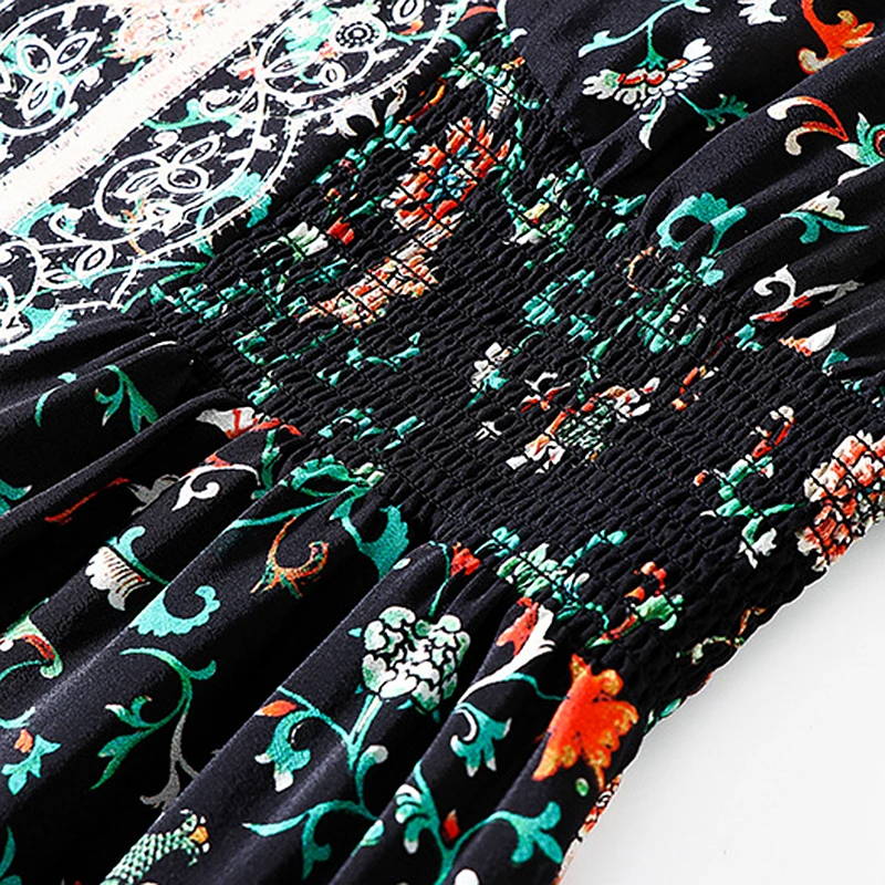 

100% Silk Dress Women Printed Symmetrical Design V Neck Half Flared Sleeves Elastic Waist Vintage Elegant New Fashion
