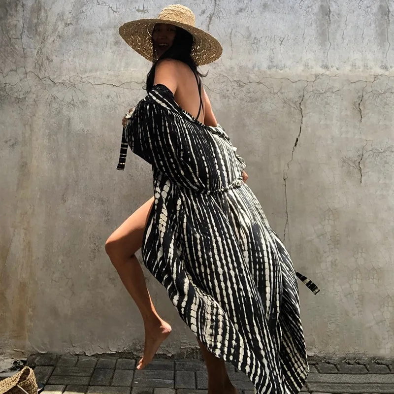 Summer Beach Dress Black White Joe Green Women Tie-Dye Type Cardigan Vacation Skirt Bikini Cover-Up Outer Sunscreen Costume Sexy
