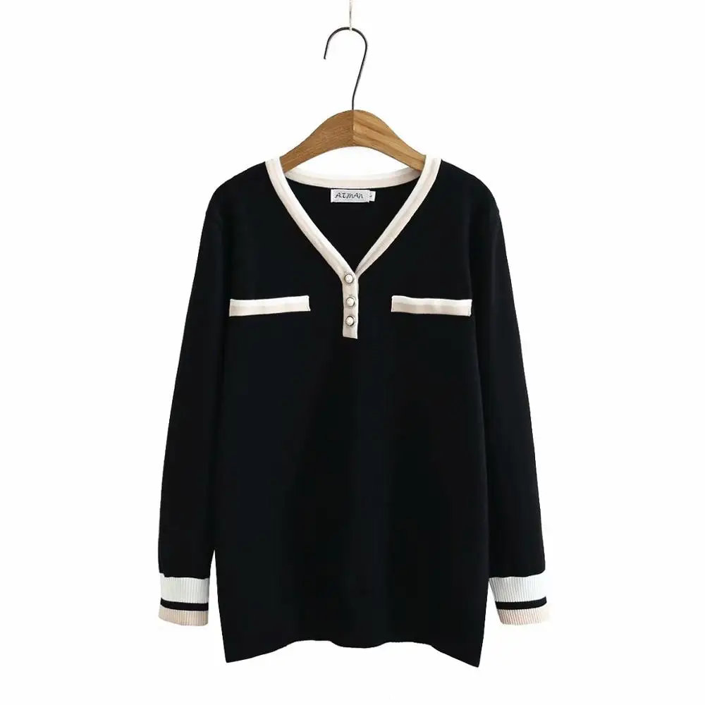 

Plus size Solid black white V neck knitted women loose sweaters 2021 new winter casual ladies pullovers female tops