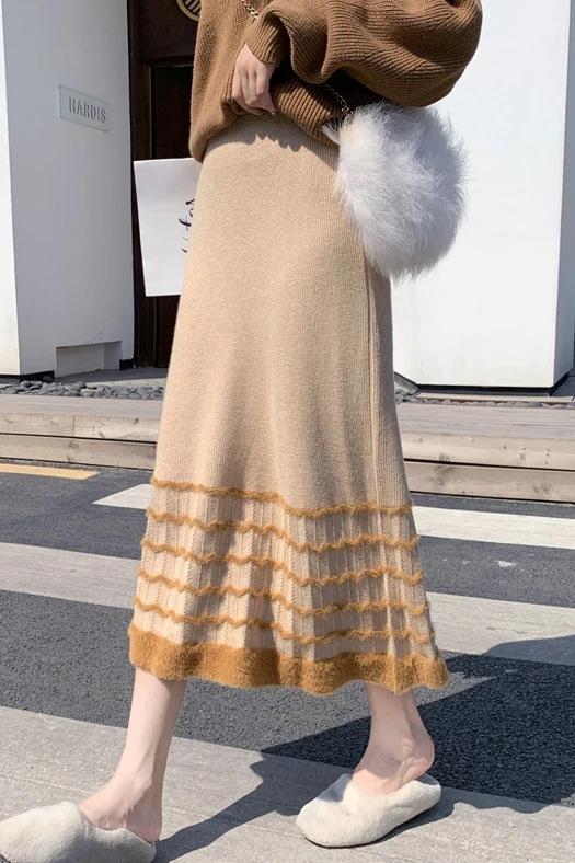 

BornSra New Knitted Skirt for Autumn and Winter 2020 Korean A- Line Skirts Flocking Midi Skirt