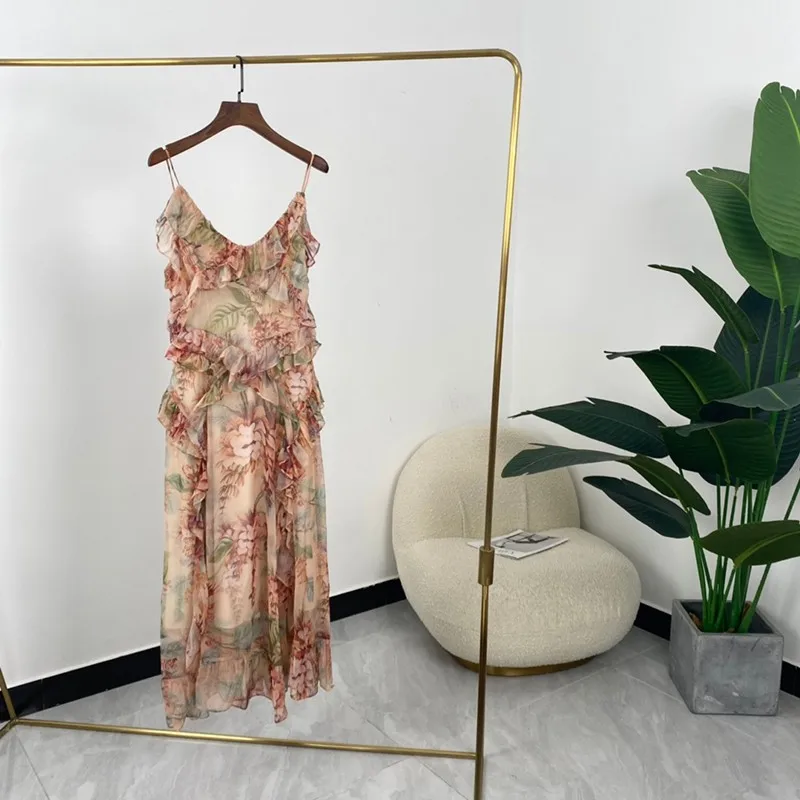 

High Quality Romantic Pink Flowers Print Ruffles Sleeveless Sundress Summer New 2021