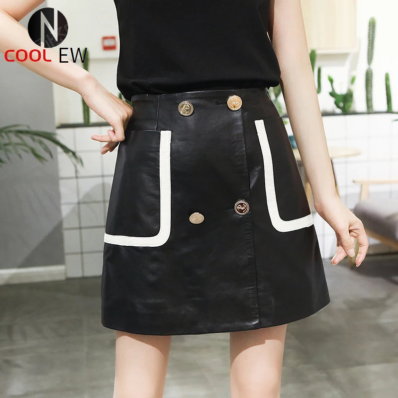 

Women Elegant Slim A-Line Skirts Runway Natural Leather Sheepskin Mini Skirt High Waist Double Breasted Office Wrap Skirt