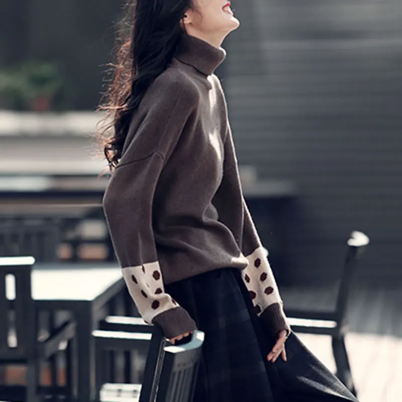 XITAO knitted Turtleneck Sweatshirt Contrast Color Splicing Cuff Pullover Women Winter The New Casual Temperament ZY2511