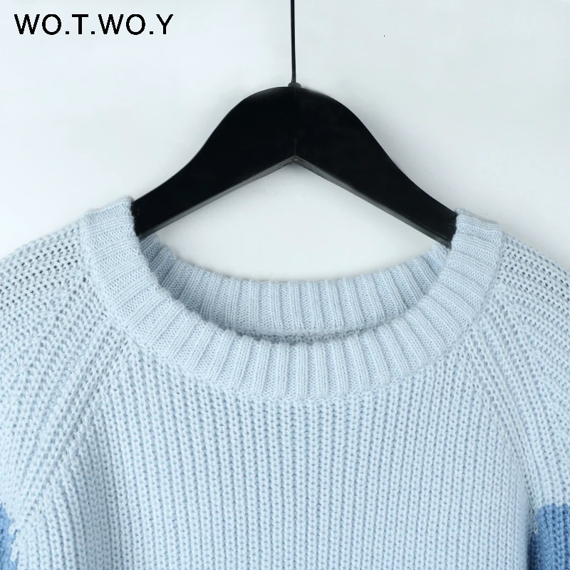 WOTWOY, Осень-зима, контрастный цвет, женский свитер, Повседневный, с длинным рукавом, пуловеры, для женщин, с круглым вырезом, вязаные топы, женский джемпер, мягкий