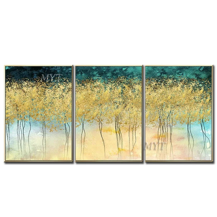 3 Панели настенного искусства ручная работа набор Gloden Tree абстрактная Современная
