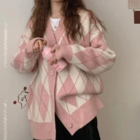 oversized cardigan women autumn winter diamond lattice knitted weater jacket female student korean fashion top clothes coat