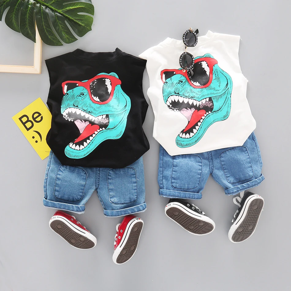 

Boys Clothes Cartoon Dinosaur Print Sleeveless T shirt Pants 2PCS Summer Casual Cotton Wearing Short Tshirt Sets Clothes
