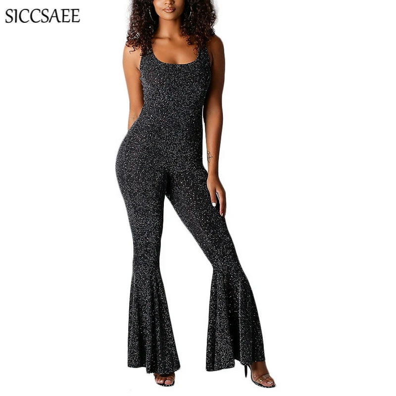 Комбинезон женский с широкими штанинами и блестками пикантный ромпер открытой