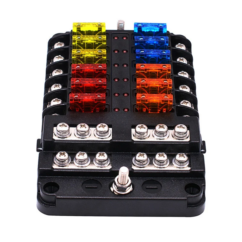 12V 32V Plastic Cover Fuse Box Holder M5 12 Stud with LED Indicator Light 6/12 Ways Blades for Car F-Best | Автомобили и