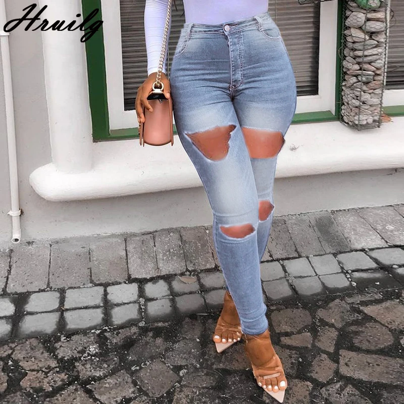 

Plus Size Female Pants Big Hole Pocket Skinny Streetwear Woman Jeans Fashion New Arrival Casual Placket with Zipper Woman Pants