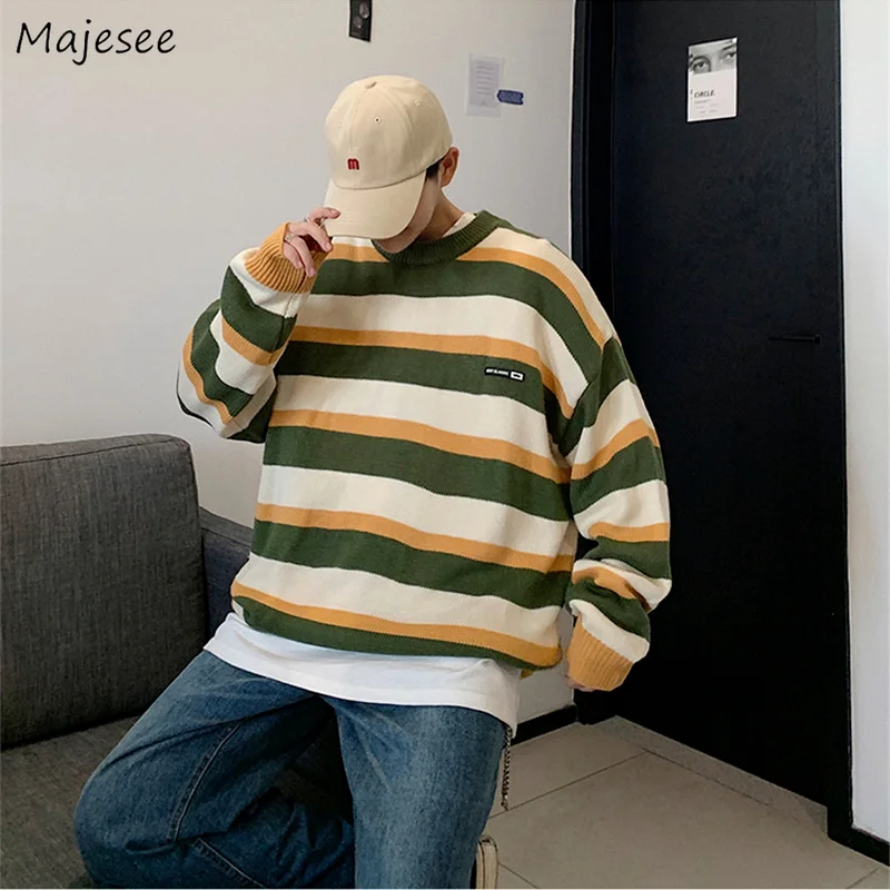 

Pullovers Men Long Sleeve Tops Fall Fashion Vintage Striped Design All-match Students Loose O-neck Harajuku Streetwear Chic Male