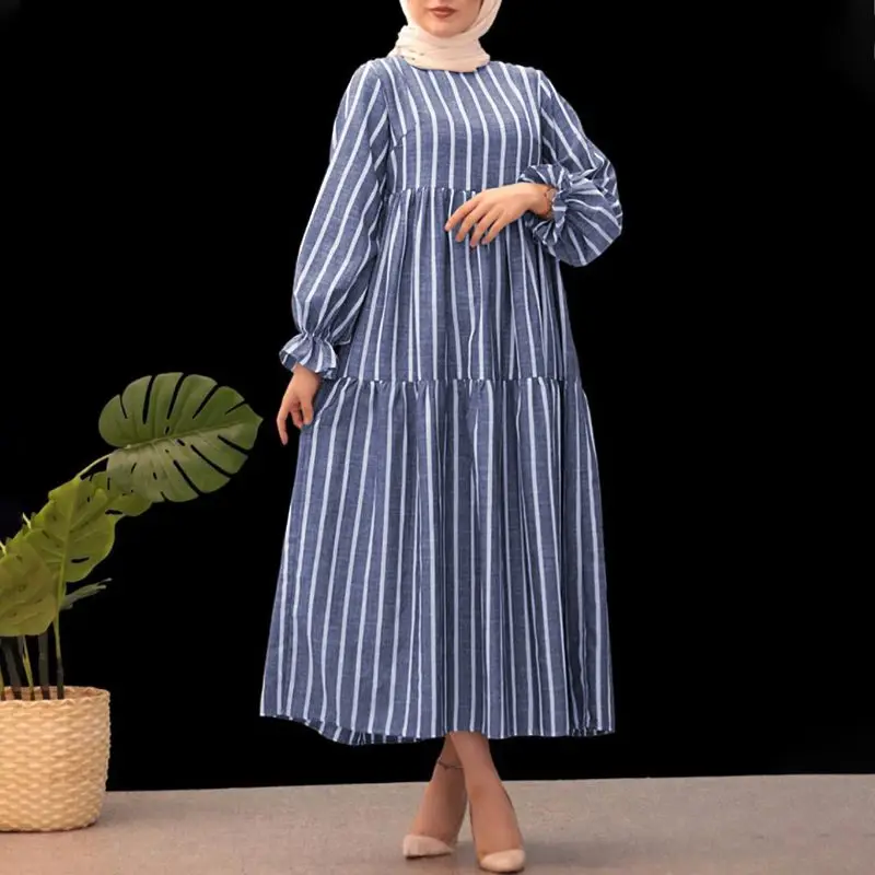 

Women Kaftan Muslim Dresses Fashion Dubai Long Shirt Dress 2021 Stripe Printed Party Maxi Sundress Casual Loose Sarafans Robe