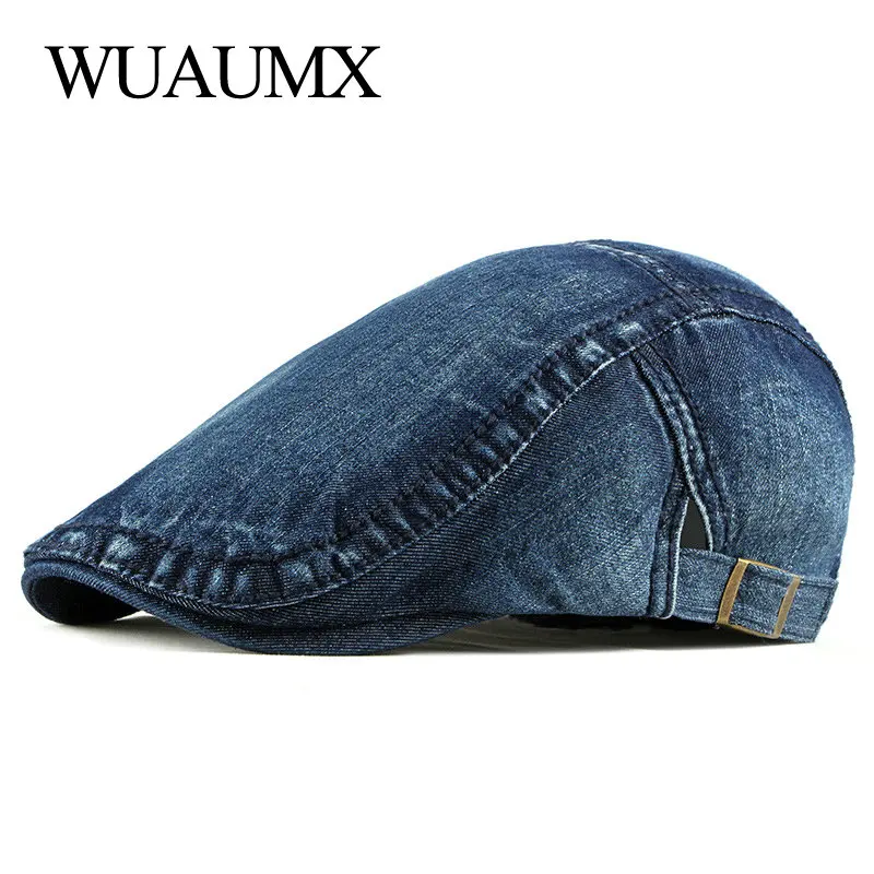 Фото Wuaumx простой джинсовый берет с потертостями кепка для мужчин и женщин на весну