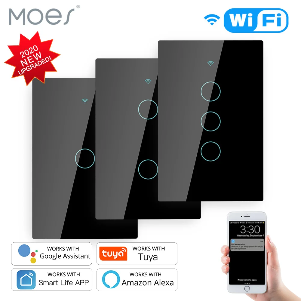 

Smart Glass Panel Switch Smart Life/Tuya App Multi-Control Association, Voice Control with Alexa,Google Home,1/2/3 Gang Black