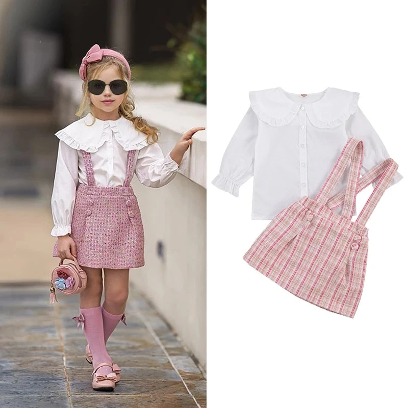 

Spring Princess Kids Baby Girls Clothes Sets 2pcs Peter Pan Collar Single Breasted Tops Plaid Print Bib Strap Dress