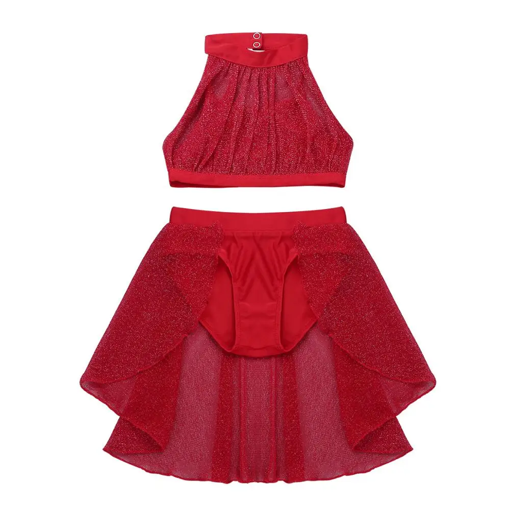 Детский гимнастический купальник для девочек укороченный топ с сеткой юбки