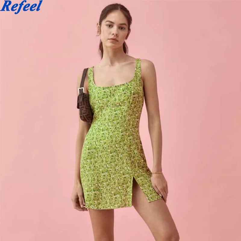 

Женский сарафан с квадратным вырезом, зеленое винтажное Летнее мини-платье с цветочным принтом, пикантное короткое праздвечерние чное плат...