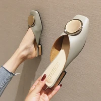 za women flat sandals summer 2022 luxury brand shoes metal button sexy square head womens low heeled slippers chaussure femme