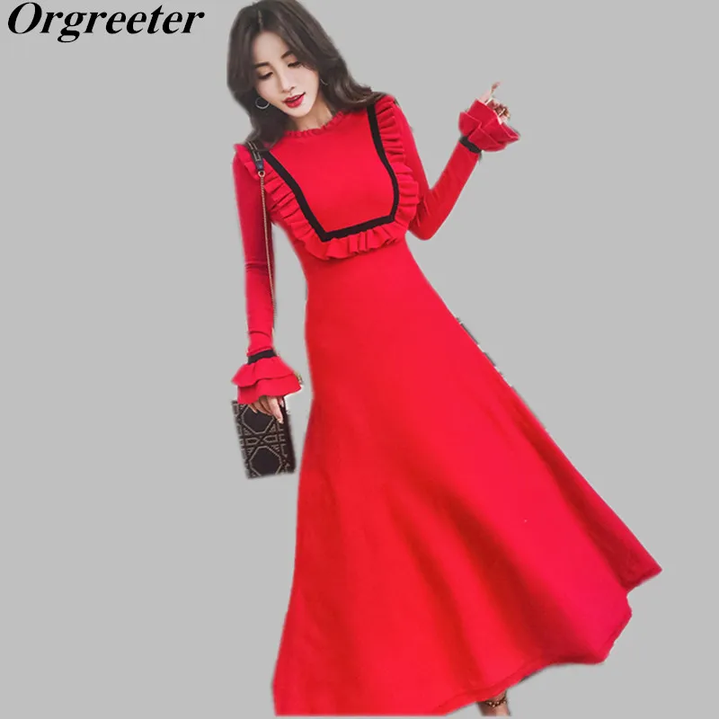 2019 осень зима новый темперамент дамы ретро длинный вязаный с расклешенными