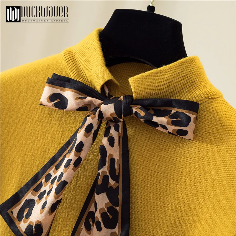 Duckwaver Autumn Winter Women's Sweater Leopard Bow Tie Scarf Slim Long-Sleeved Women Knitted Turtleneck | Женская одежда