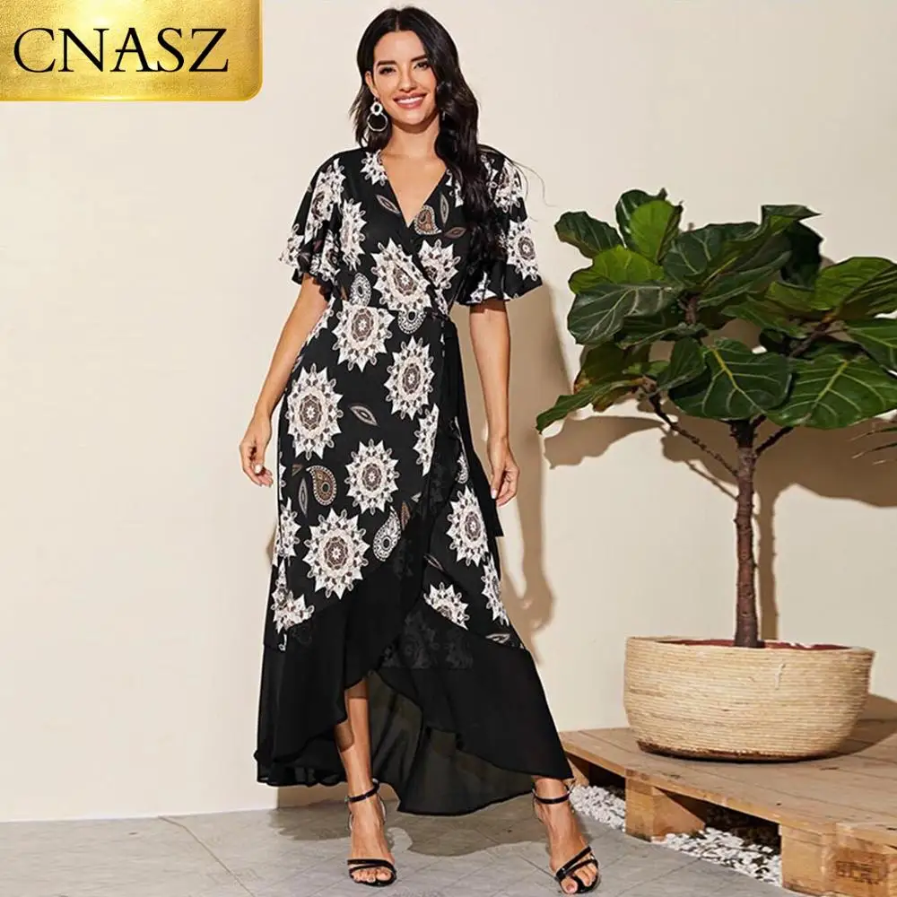 

2020 New Fashion Women's Printed Chiffon Stitching Fashion Slit Irregular Bohemian Dress Islamic Turkey Long Skirt Dubai