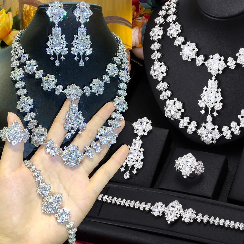 

KellyBola Dubai Gorgeous Sparkle Bridal Wedding Necklace Bracelet Earrings Ring Set Ladies Cubic Zirconia CZ Fashion Exquisite