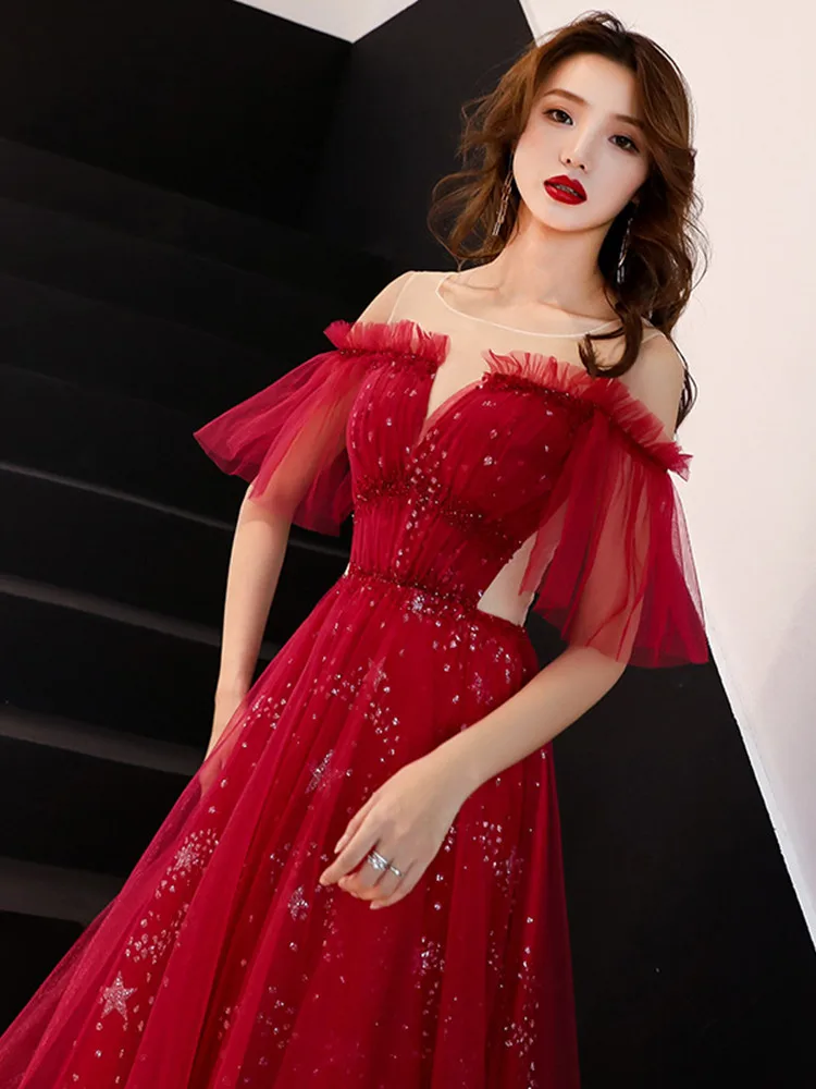 Вечернее Платье Лодка Шеи It's YiiYa, Вечерние Платья Bling Stars Шаблон, Женщин Элегантное Красное Вино, Узелок Тюль, Длинные Платья Партии, E061,лето