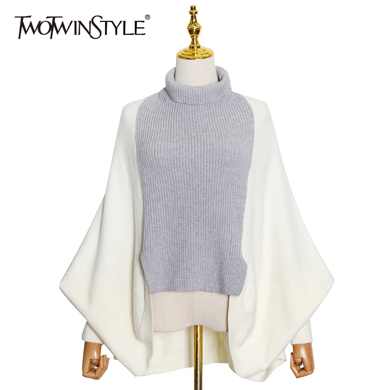 

TWOTWINSTYLE Casual Colorblock Sweater Female Turtleneck Batwing Long Sleeve Korean Fashion Loose Sweaters For Women 2021 Autumn