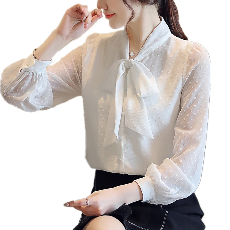 

Chiffon shirt long sleeve 2021 spring new Korean bow temperament light mature top professional white shirt