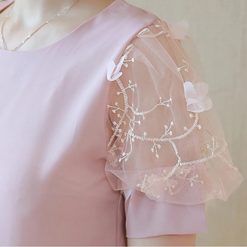 

Shirts Women Chiffon Short Sleeve Solid Lace All Match Womens Breathable Simple O-neck Females Korean Style High Quality Trendy