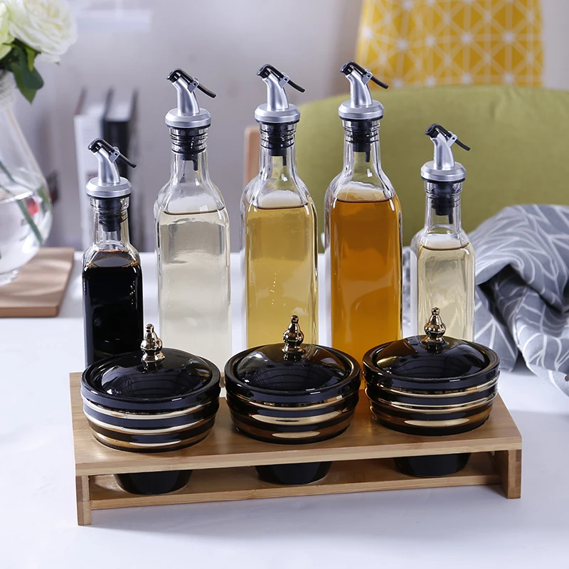 Бак для кухонных приправ Бамбуковая деревянная рама набор бутылок масла